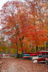 Canoes stacked waiting under canopy of red leaves in the fall Canada Algonquin