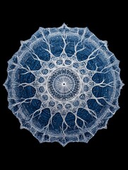 A stunning galactic mandala design features intricate patterns created with comets and stars on a dark background. The art represents the connection between identity and the universe