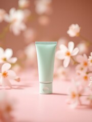 Gentle mint green skincare tube stands elegantly amidst soft pink floral blossoms, symbolizing natural beauty and delicate purity.