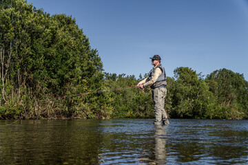 Fisherman using rod fly fishing in the river