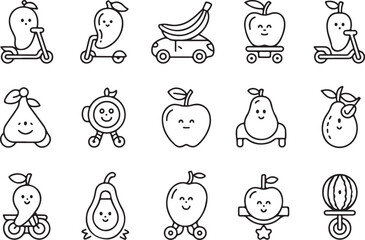 Cute Fruit Characters on Wheels in a Playful Pattern Featuring a Clean Line Art Style Perfect for Children s Designs and Educational Materials silhouette