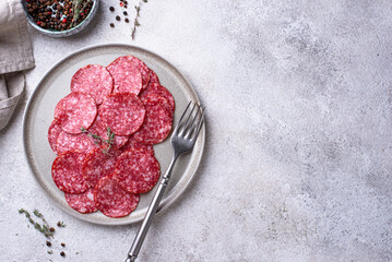 Sliced spicy tasty salami sausage