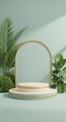 Elegant product display stage with lush greenery and golden accents