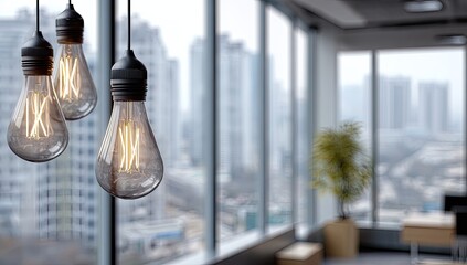 Modern office interior with hanging light bulbs