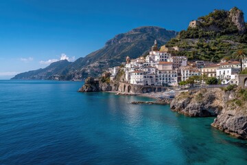 Coastal town nestled against mountains
