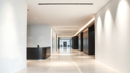 Contemporary reception area with monochromatic wall design, architectural lines receding into soft focus.