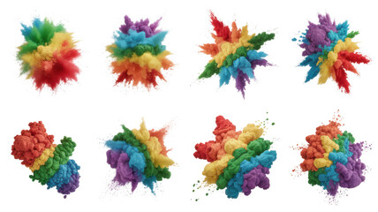 Colorful powder explosions rainbow hues isolated on a transparent background vibrant