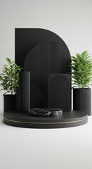 Modern black pedestal display with marble top and green plants