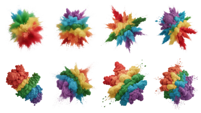 Colorful powder explosions rainbow hues isolated on a transparent background vibrant