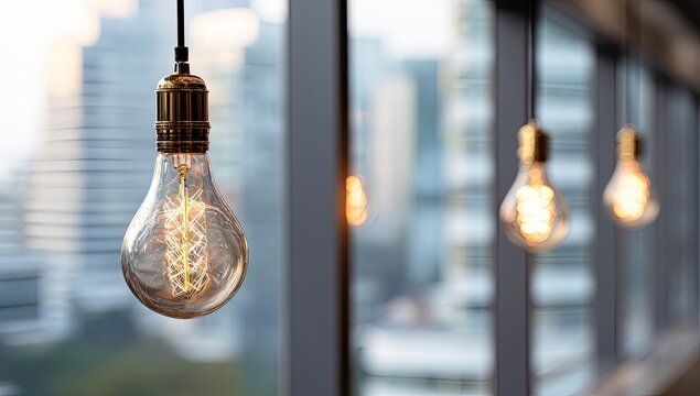 Vintage Edison bulbs hanging by a window - Powered by Adobe