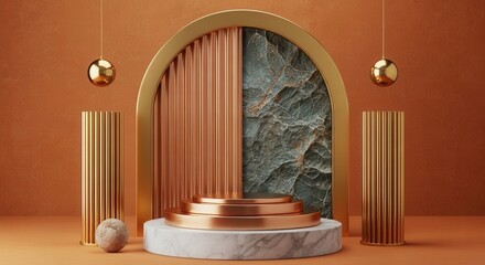 Luxurious gold and marble pedestal display with textured background