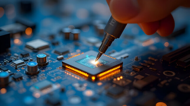 Close up of a technician repairing a microchip on a computer motherboard with specialized tools and illuminated circuits