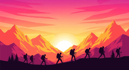 A bold vector illustration of a team's leadership journey, hiking in mountains at sunrise.