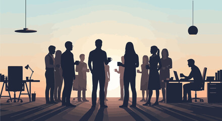 Silhouetted business team holding a morning stand-up meeting with coffee in a modern office