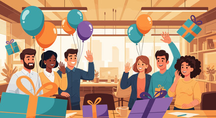 Cheerful vector illustration Team farewell party. People waving, colorful balloons, gifts, warm office.