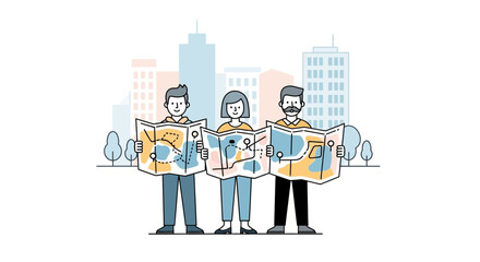 Vector illustration of a team with maps on an urban adventure or scavenger hunt