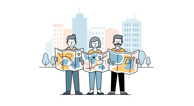 Vector illustration of a team with maps on an urban adventure or scavenger hunt