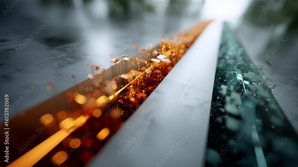 Poster futuristic quantum computing modules with glowing neonorange data streams, translucent crystalline s