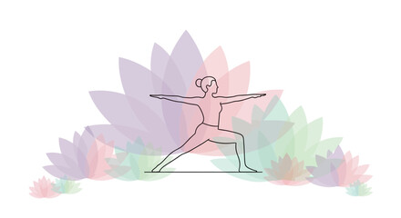 A minimal vector illustration of a warrior yoga pose with abstract soft-toned lotus flowers.