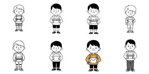 Child holding school lunch, set of 8 icons on transparent background