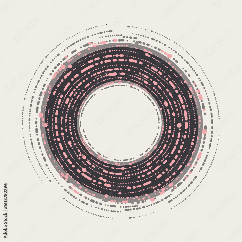 Poster abstract circular pattern with pink and black dots on beige background