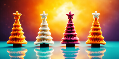 Alberi natalizi con stella realizzati a maglia allineati su una superfice riflettente con sfondo colarato luminoso