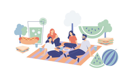 Fototapeta premium A minimalist vector illustration of friends on a summer picnic with food on a white background.