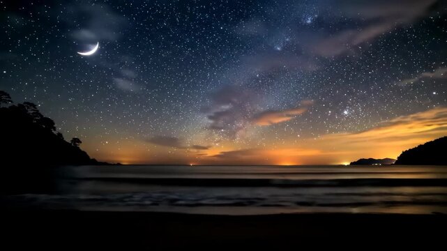 Timelapse pan shot of a stunning starry night sky with the Milky Way and crescent moon over a calm ocean beach