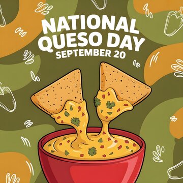 National Queso Day on september 20, with vector illustration a bowl delicious cheese sauce, two chips and text isolated on abstract background for celebrate and commemorate National Queso Day