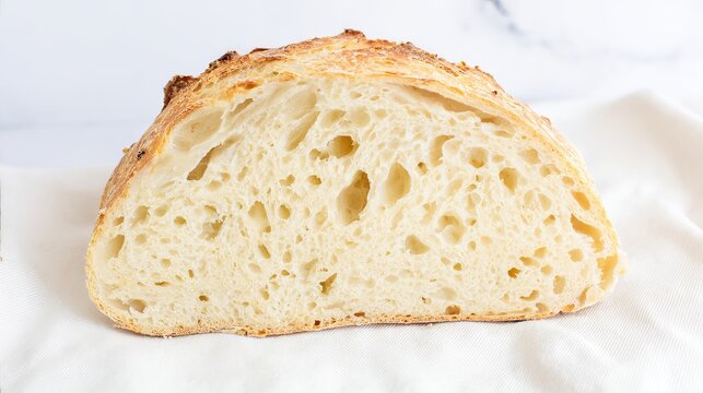 Freshly baked artisan bread loaf, showcasing a crusty exterior and airy crumb texture, presented on a clean surface, emphasizing the craftsmanship of traditional baking techniques