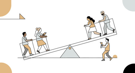 A vector illustration of a team balancing on a seesaw, representing teamwork and collaboration.