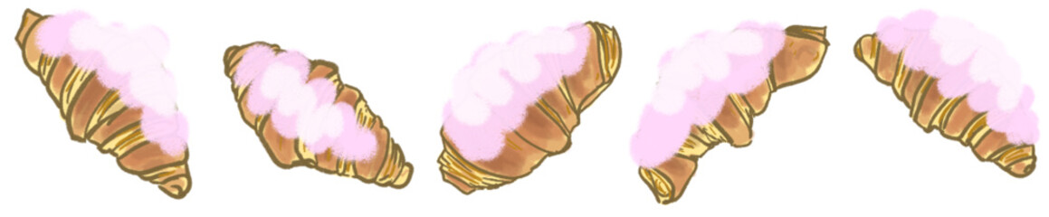 Cute Croissant with Pink Whipped Cream Topping in Hand-Drawn Pastel Style Illustration