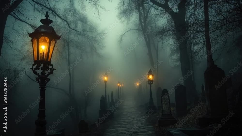 Poster mystical foggy pathway with lanterns surrounded by ghostly trees at dusk in a haunting forest enviro