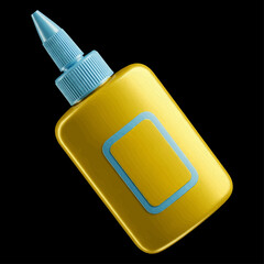 A vibrant 3D rendering of a yellow plastic glue bottle with a blue cap, isolated on a black background for creative or office use.