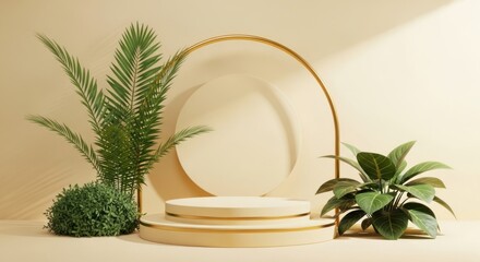 Minimalist beige pedestal display with lush greenery and gold accents