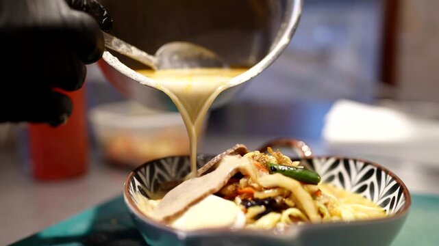 Close-up of metal ladle and wok pan with sauce residue, ready for cooking.