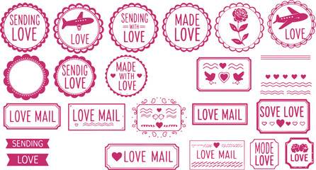 Collection of pink love mail and sentiment stamps sending love, love, sending love, made with love, love mail, airplane, rose, heart, birds, romantic, sentiment, stamp, sticker, graphic, design, pink,