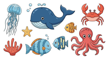 Fototapeta premium A delightful collection of vector icons featuring sea creatures like whales, jellyfish, and crabs.