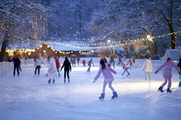 Obraz premium Canadian family wearing winter jackets ice skating on frozen outdoor rink in park, string lights glowing above, festive vibe, no text.