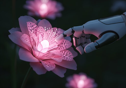 Robotic hand delicately touching luminous pink flower in dark ethereal garden, AI harmony of tech and nature, futuristic interaction.