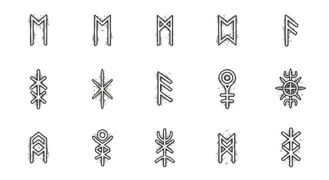 Monochrome icon set of ancient Scandinavian runes and mysterious mystic sigils for design.