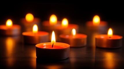 A soft glow illuminates a collection of small tea light candles in a dark setting scene