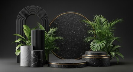 Modern luxury display stage with plants and geometric elements