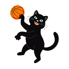 Vector art of a black cat is playing with a basketball isolated on white background