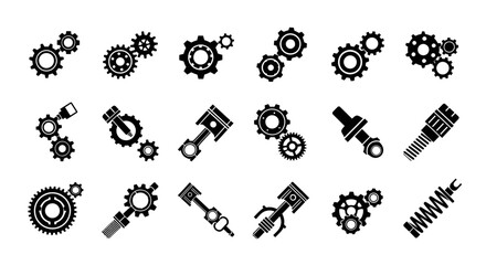 Collection of black and white vector icons depicting various gears and mechanical engine parts.