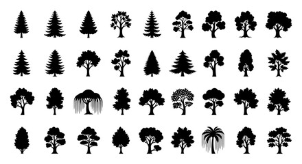 Set of diverse tree silhouettes. A collection of graphic forest plant icons and symbols.