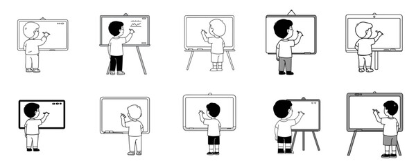 Child writing on whiteboard, set of 10 icons on transparent background