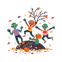 Vector art of a group of zombie children are playing in the leaves during autumn