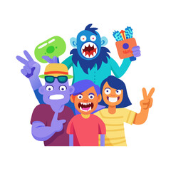 Vector art of a group of colorful monsters are celebrating together