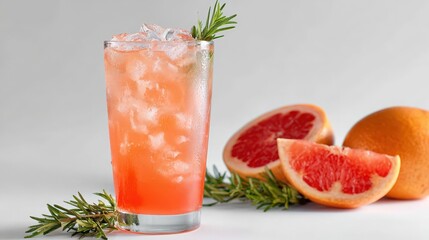 Iced grapefruit soda with rosemary garnish 